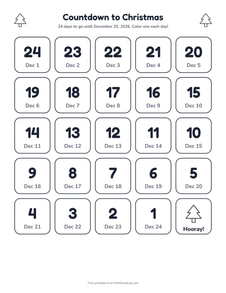 Christmas countdown for kids: 24 outline squares to color with the dates