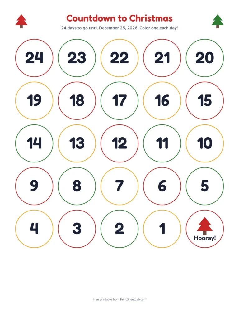 Christmas countdown printable with 24 color circles from December 1