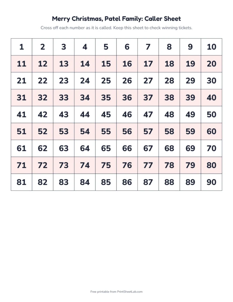 Christmas tambola caller sheet: a 1 to 90 number grid to cross off as you call
