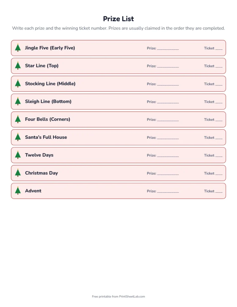 Christmas tambola prize list with themed prize names and space for winners