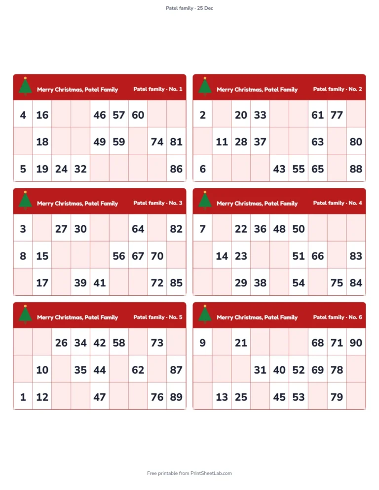 Christmas tambola: printable tickets titled Merry Christmas, Patel Family