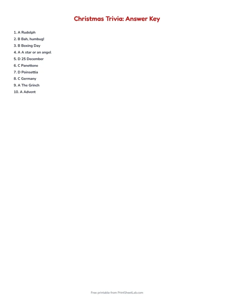 Christmas trivia answer key with every answer