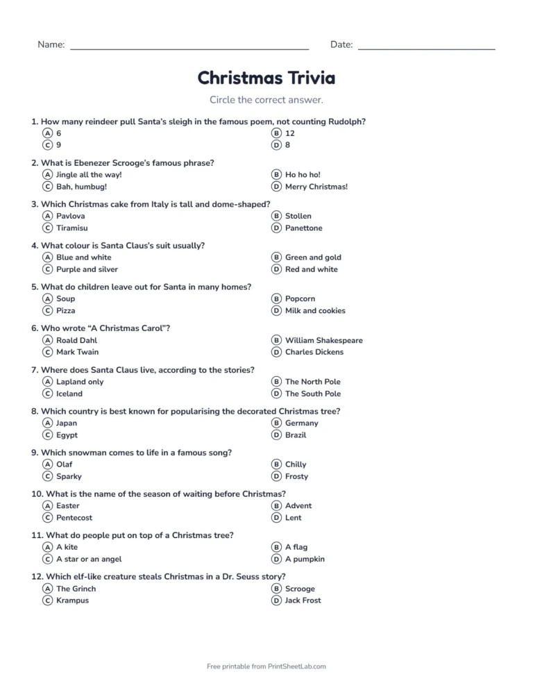 Christmas trivia quiz sheet in black and white with 20 questions