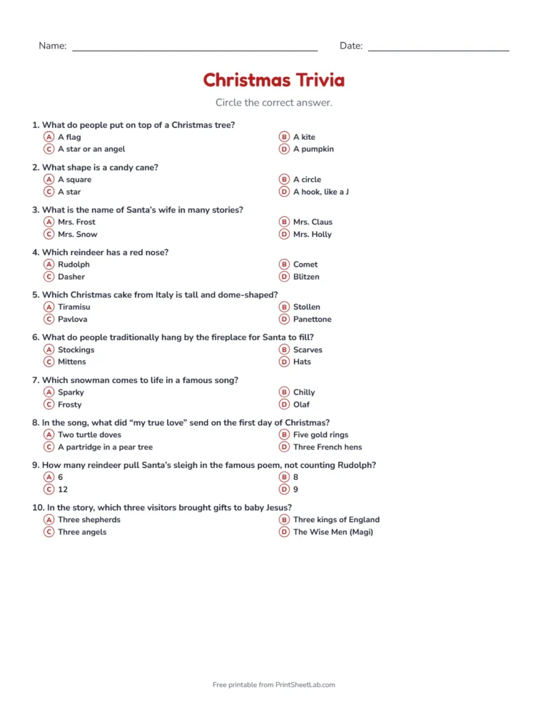 Christmas trivia: printable multiple-choice quiz sheet with 10 questions