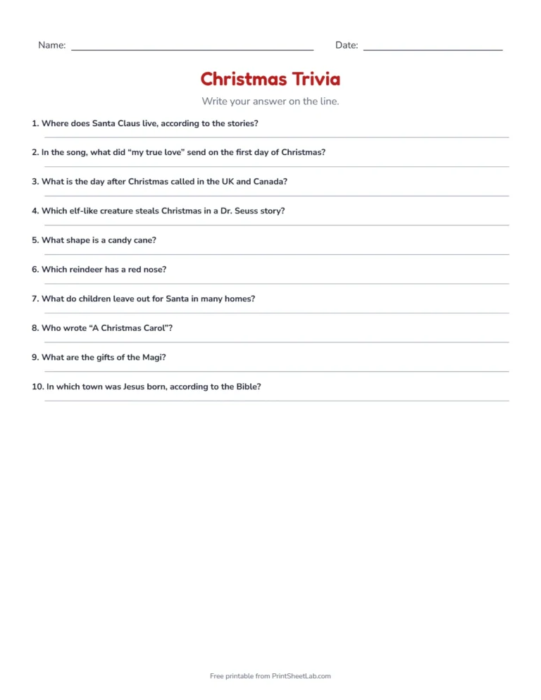Christmas trivia write-in quiz sheet with lines for the answers