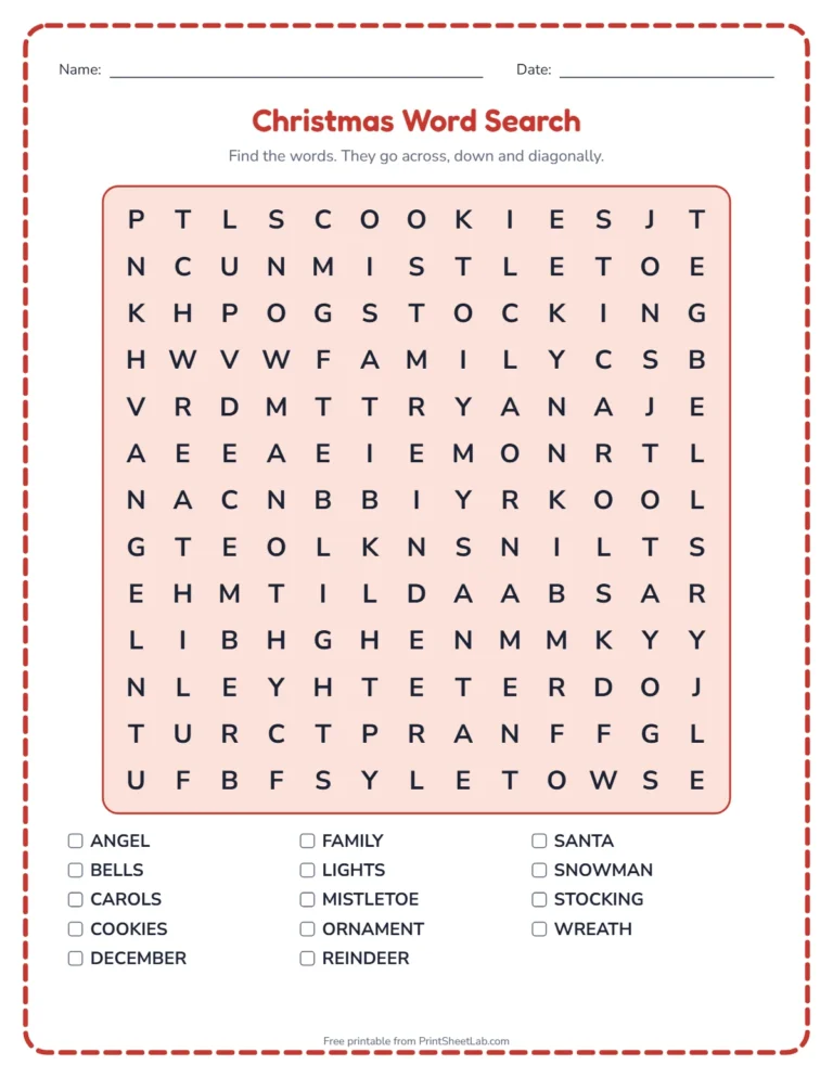 Christmas worksheets: word search printable with Christmas words and a word list