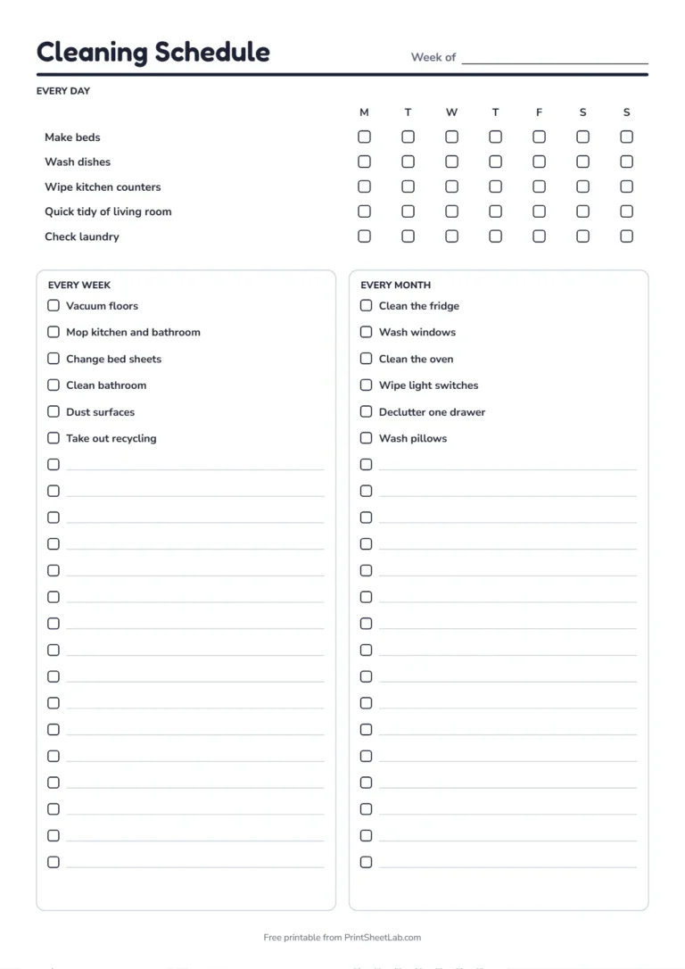 Cleaning checklist printable in black and white on A4