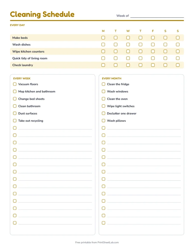 Printable cleaning schedule with daily, weekly and monthly cleaning jobs