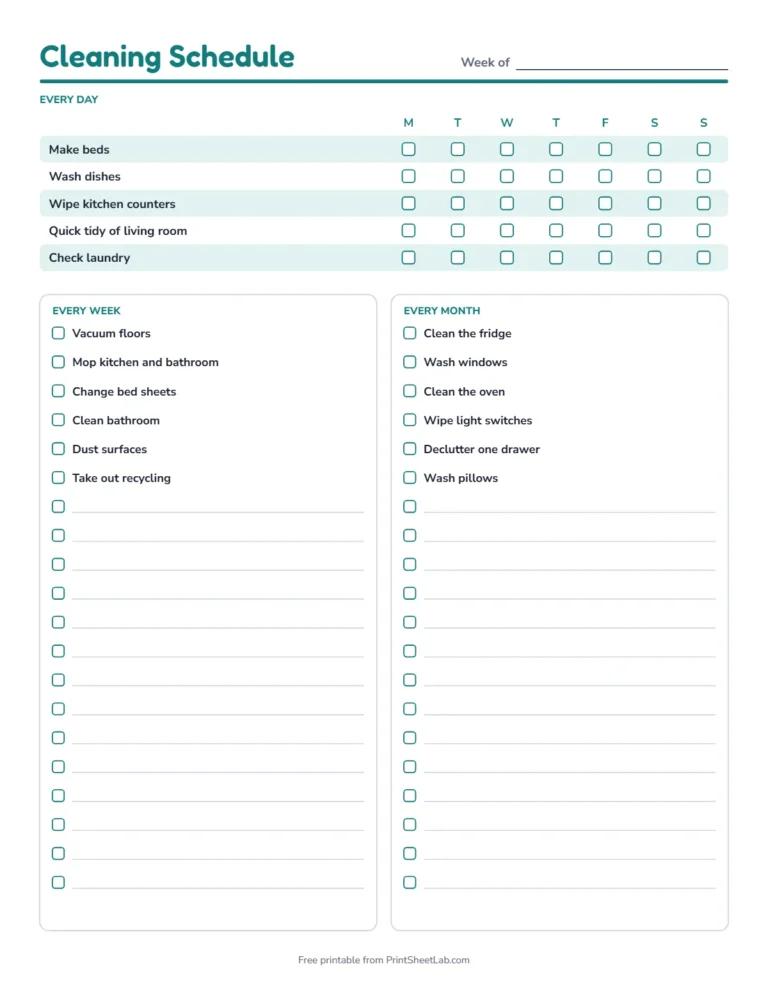 Cleaning schedule printable in teal with a Monday start