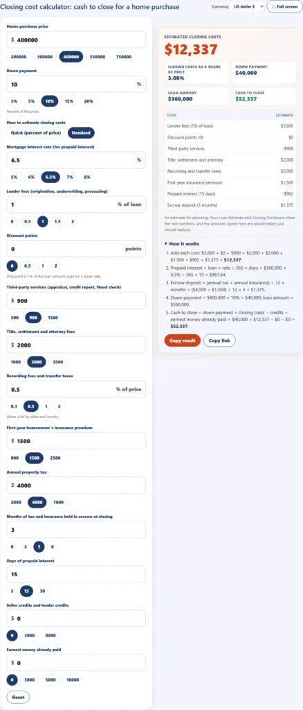 Closing cost calculator in itemized mode listing lender fees, points, third-party services, title fees, transfer taxes, insurance, prepaid interest and escrow for a 400,000 dollar home