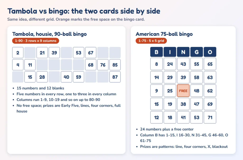 Tambola vs bingo: a 3x9 tambola ticket with 15 numbers beside a 5x5 American bingo card with a free space