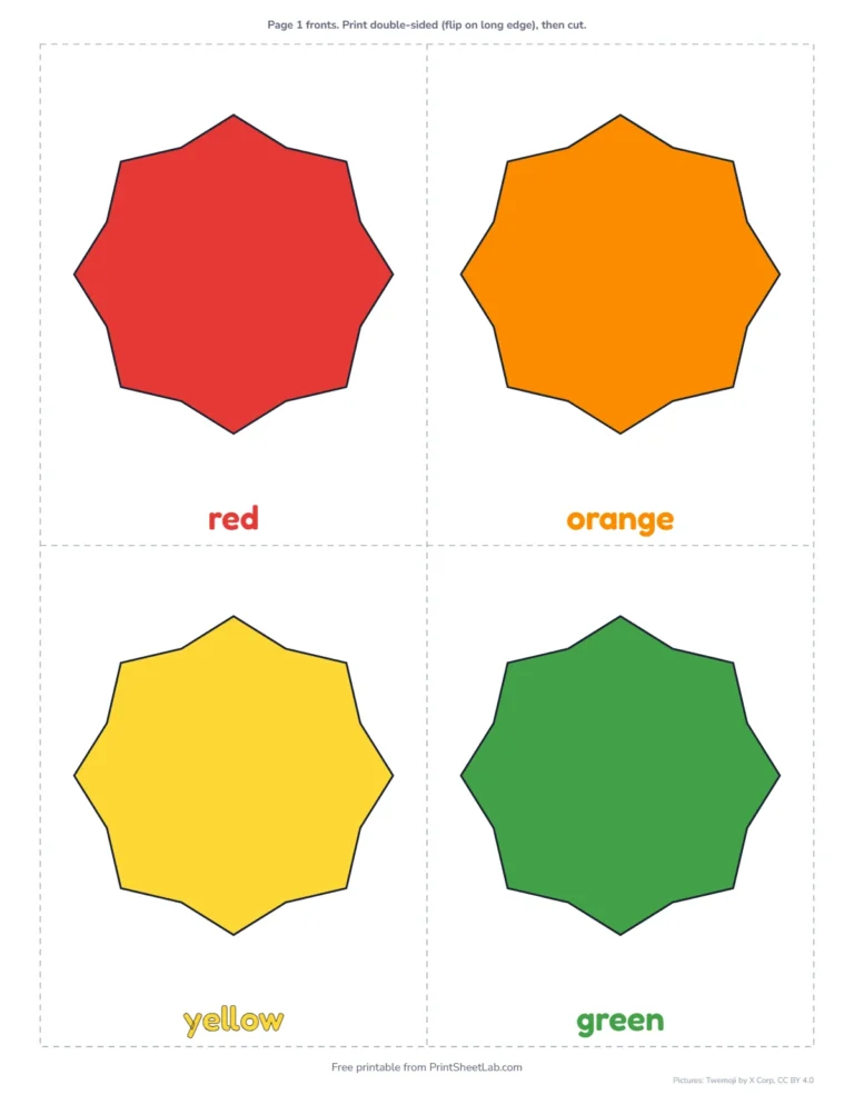Color flash cards for toddlers, four jumbo cards per page
