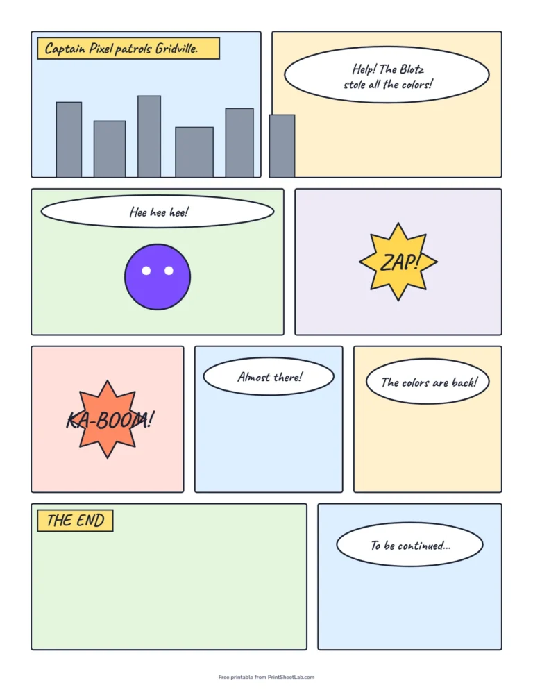 Comic book page example with speech balloons, caption boxes and sound effects