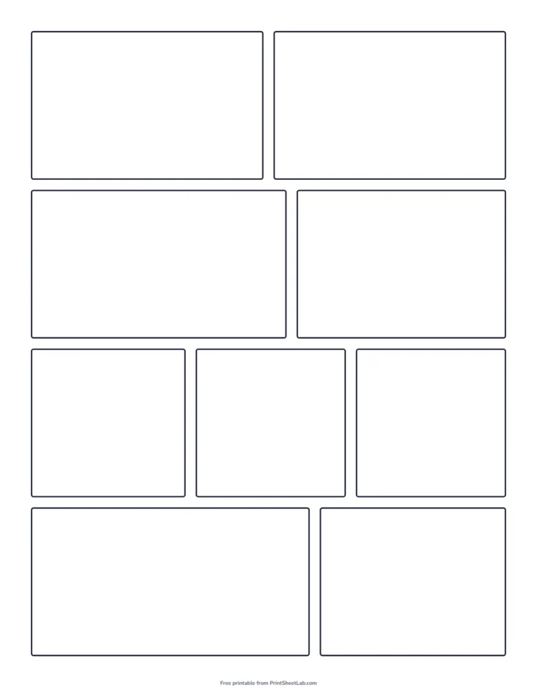 Comic book template with a blank page of nine panels of different sizes