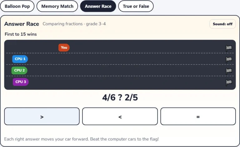 Comparing fractions game Answer Race asking which sign goes between two fractions