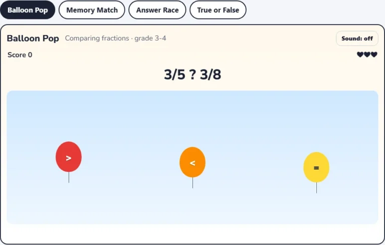 Fractions game Balloon Pop with balloons showing greater than, less than and equal signs