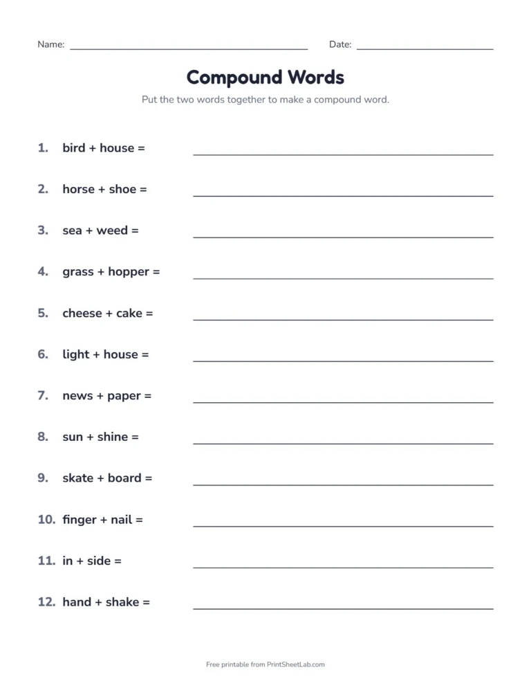 Compound word math worksheet for 2nd and 3rd grade