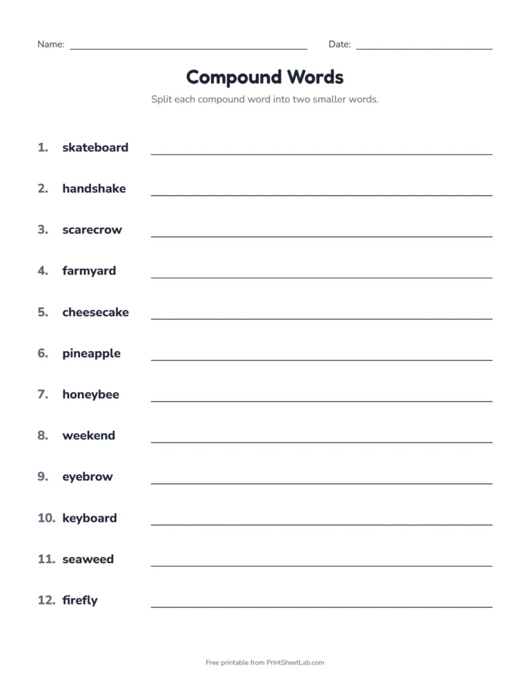 Split compound words worksheet for 2nd and 3rd grade