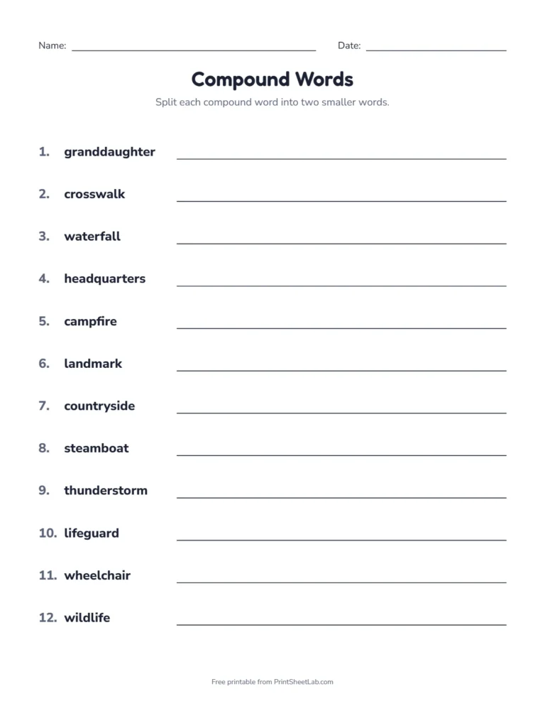 Split compound words worksheet for 4th and 5th grade