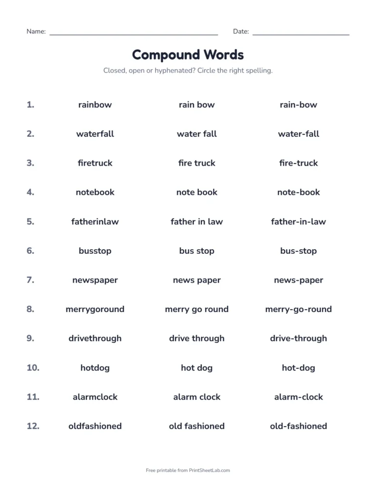 Closed, open or hyphenated compound words worksheet