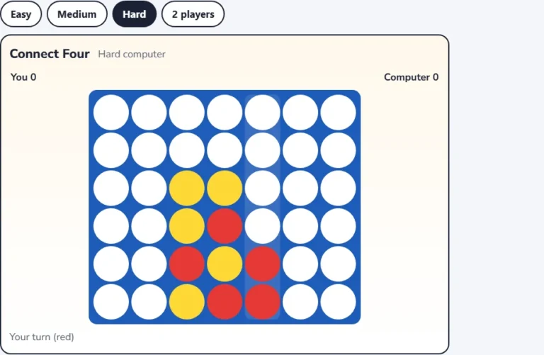 Connect four against computer on the hard level in the middle of a game