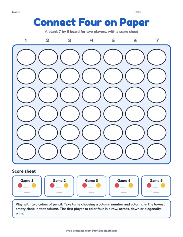 Connect four paper board printable: a blank 7 by 6 grid for two player games with a score sheet
