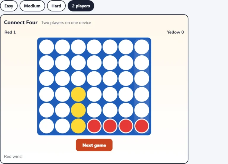 Connect four online two player games mode with red winning four in a row