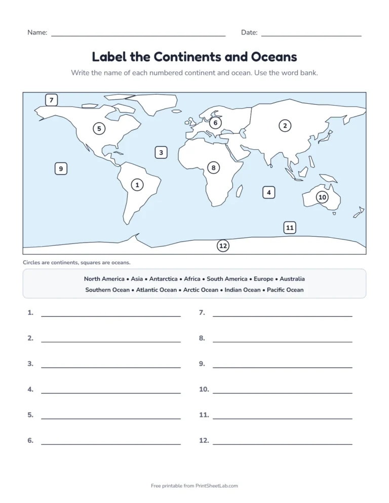 Label the continents and oceans worksheet with a numbered world map and word bank