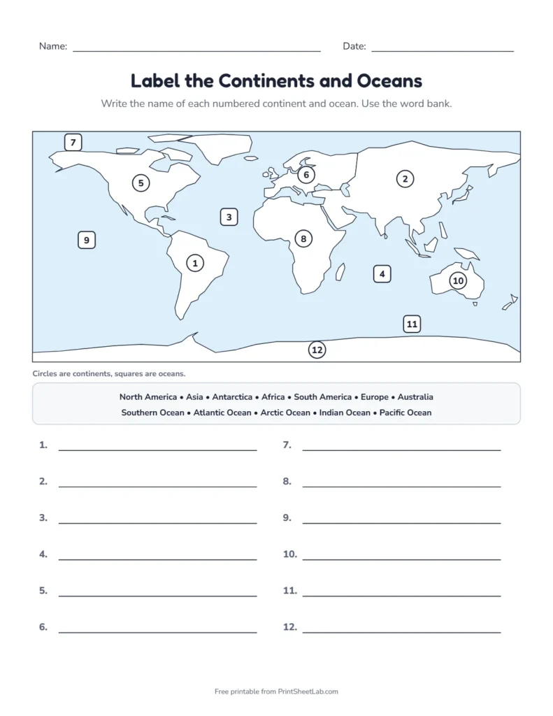Label the continents and oceans worksheet: numbered world map with a word bank