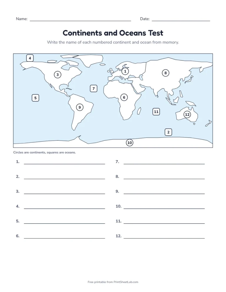 Continents and oceans test worksheet without a word bank