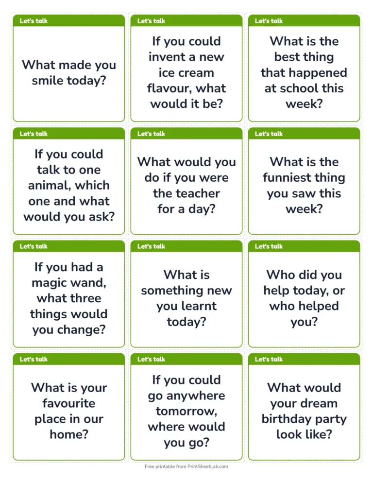 Conversation starters for kids: printable cards, 12 on a page
