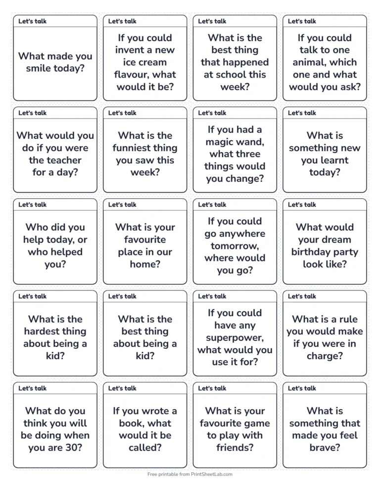 Conversation starters for kids small cards in black and white, 20 on a page