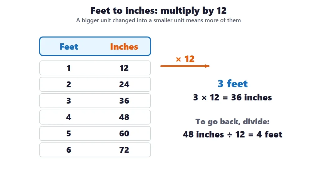 Converting units: a table that changes feet to inches by multiplying by 12