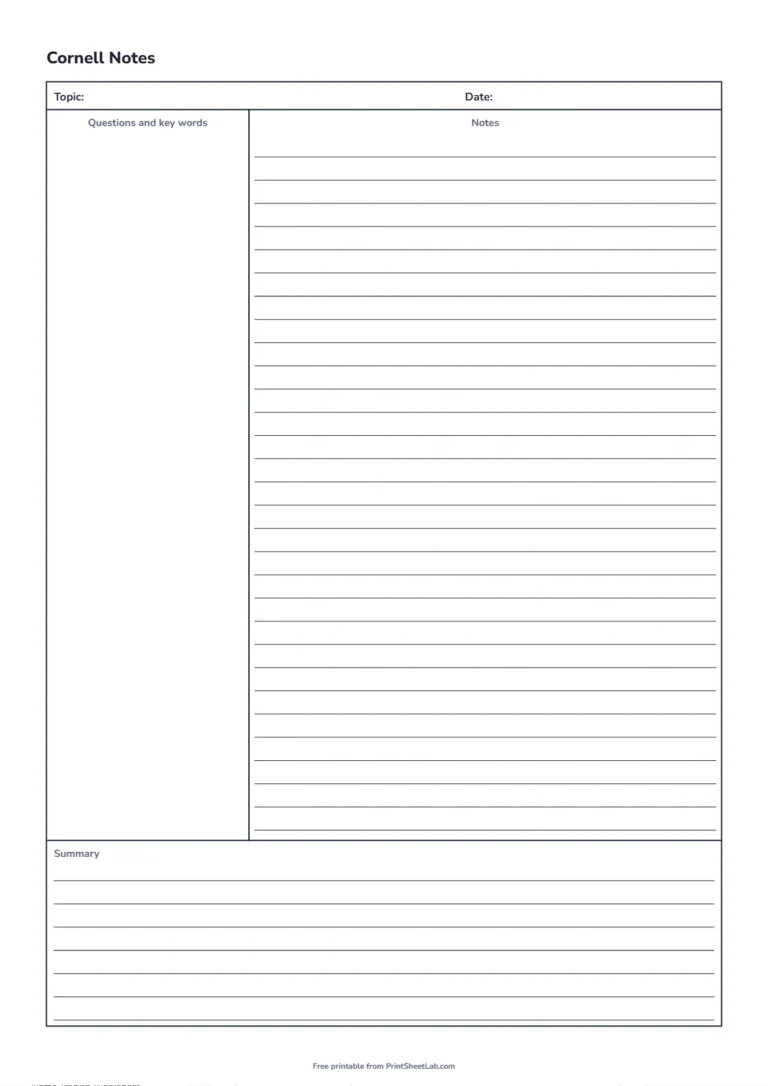 Cornell notes printable on A4 paper with narrow ruled black lines