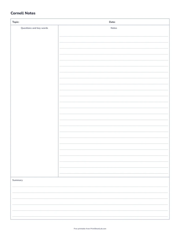 Cornell notes template with cue column, college ruled note lines and summary box on US Letter