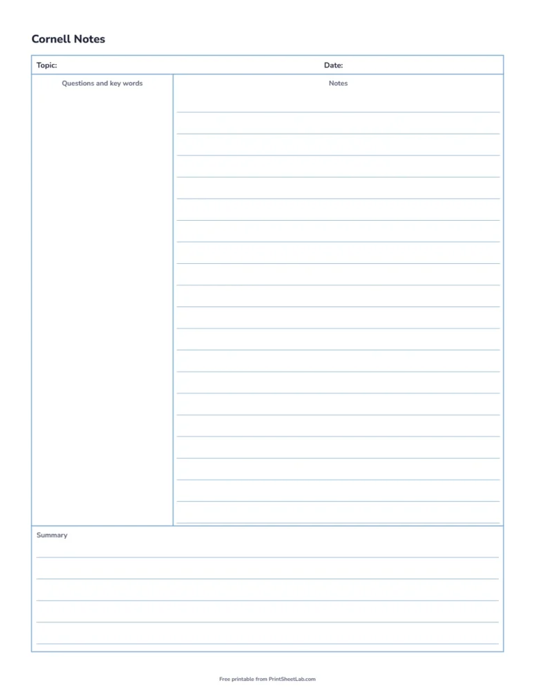 Cornell note taking paper with wide ruled blue lines for younger students