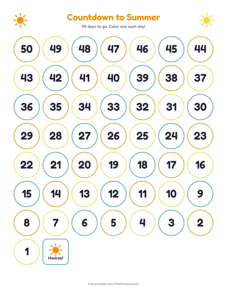 Countdown calendar printable to summer with 50 sun shapes