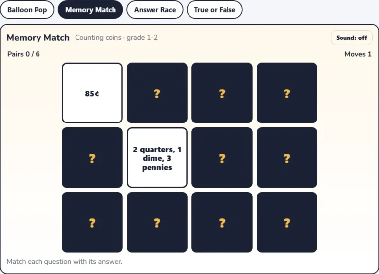 Counting coins game Memory Match with a card showing 2 quarters, 1 dime, 3 pennies