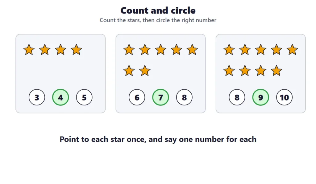Counting to 10: count the stars and circle the right number, for 4, 7 and 9