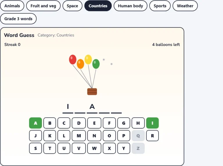 Word guess game for kids: countries hangman in the middle of a round with two balloons popped