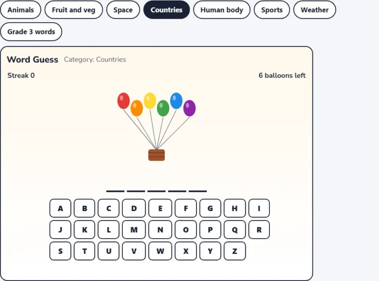 Countries hangman game with a new hidden word, six balloons and the letter keyboard