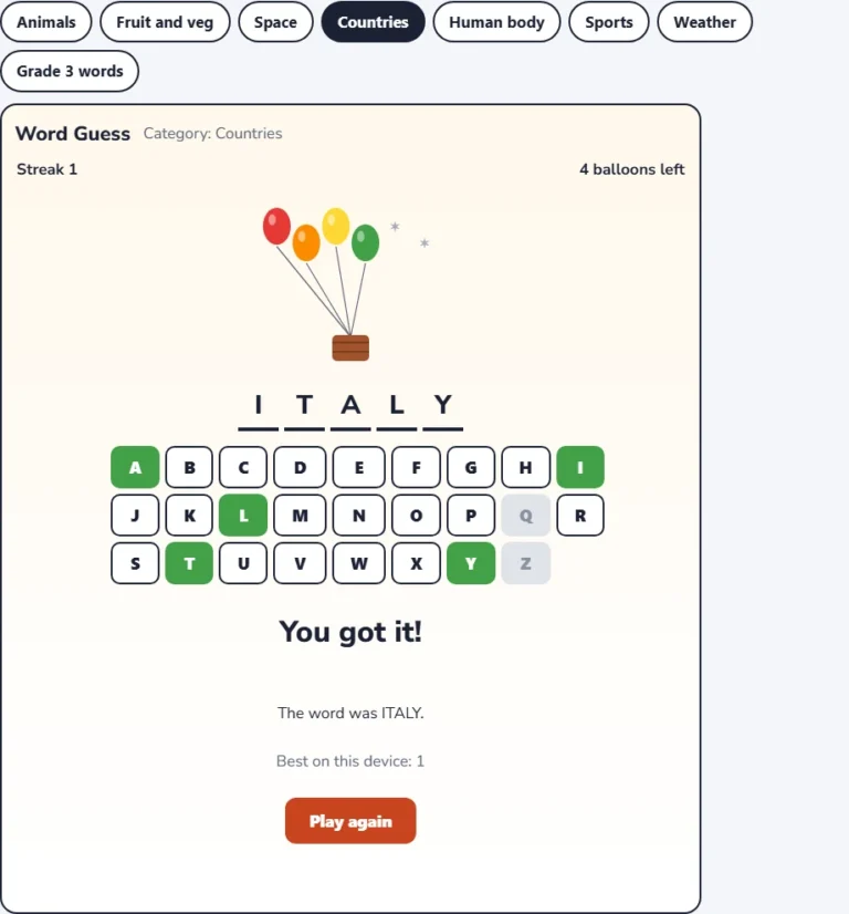 Countries word game win screen showing the guessed word and the streak