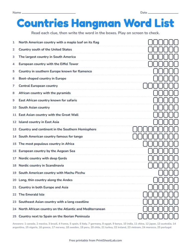 Countries word game printable: countries hangman word list with clues and empty letter boxes