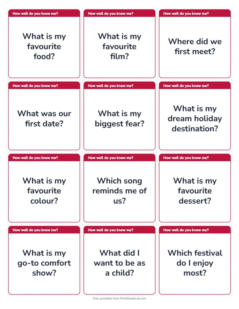 Couple quiz questions: printable cards, 12 on a page