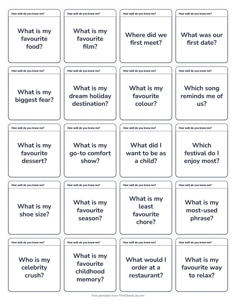 Couple quiz questions small cards in black and white, 20 on a page
