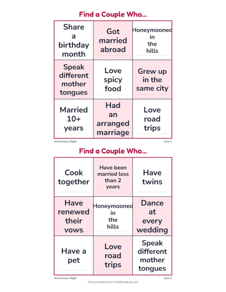 Couples party games: small 3 by 3 find a couple who cards