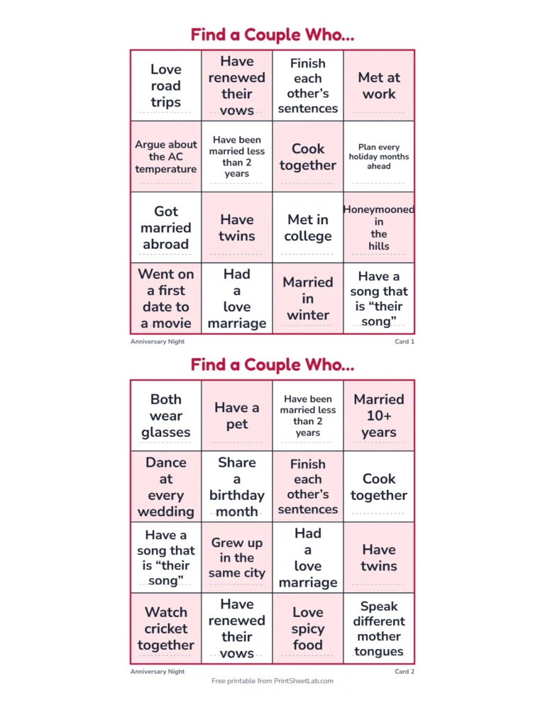 Couples icebreaker bingo cards in the quick 4 by 4 size