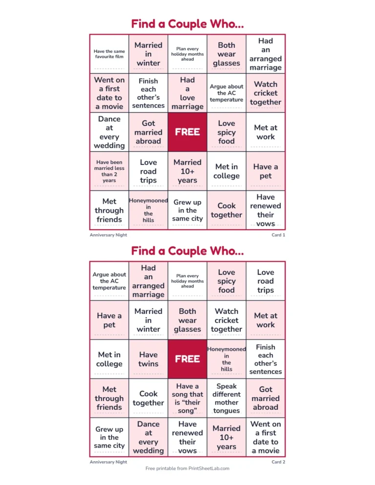 Couples bingo: printable 5 by 5 find a couple who cards for a party