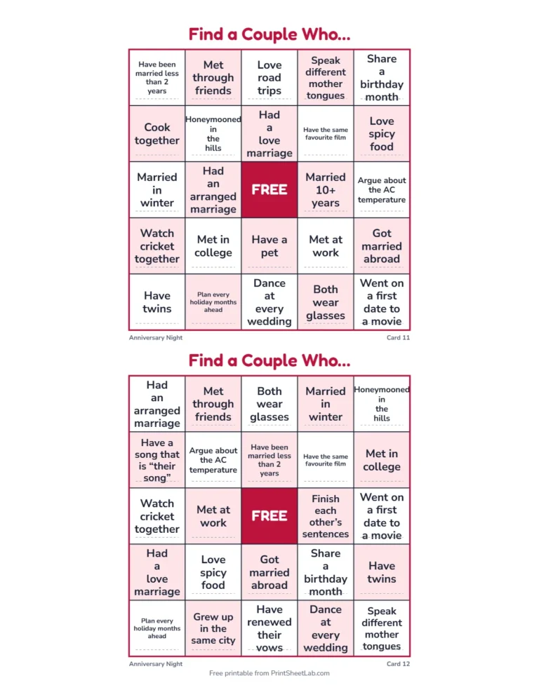 Couples bingo rules page: one couple per square