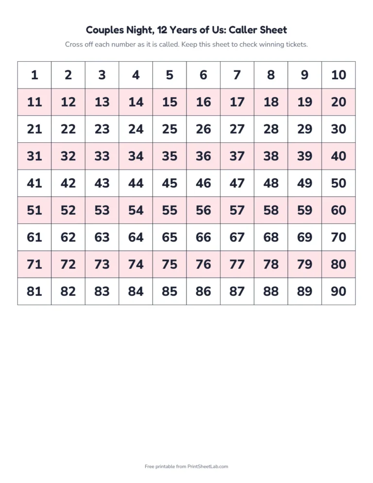 Couples tambola caller sheet: a 1 to 90 number grid to cross off as you call